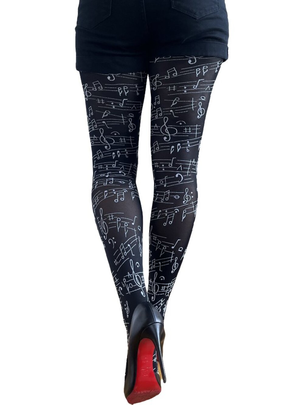 Black Musical Notes Patterned Tights For Women